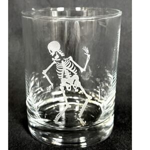Skeleton Eched Double Old-Fashioned Glass Halloween Excellent Condition